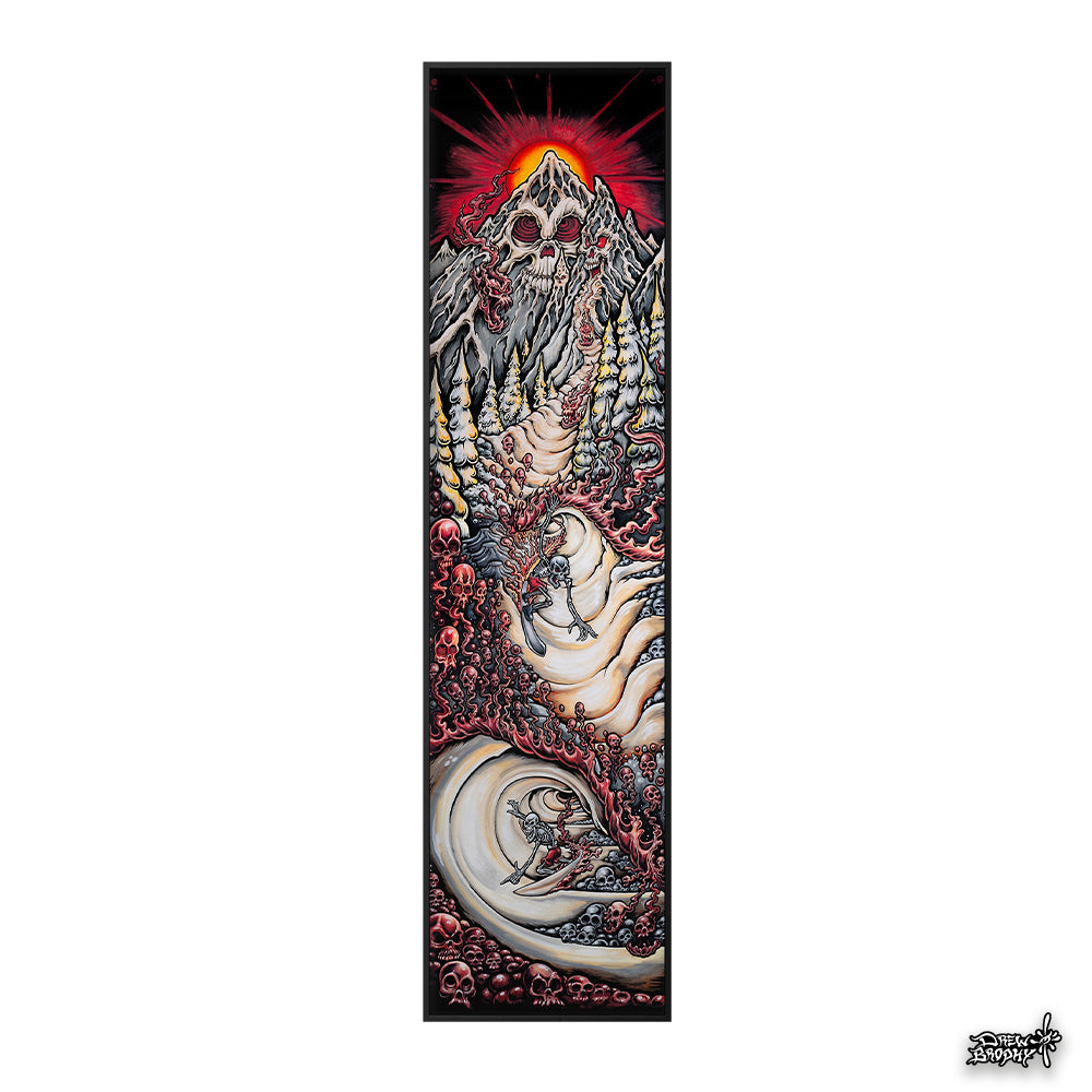 Decorative tapestry with intricate designs and a mountain-like structure on a white background