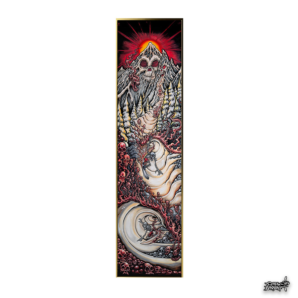 Decorative panel with intricate design featuring a mountain, sun, and abstract elements on a white background.