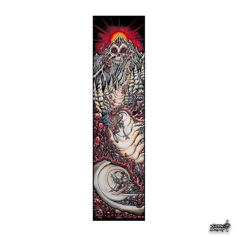 Decorative bookmark with intricate design of a mountain and celestial elements on a white background