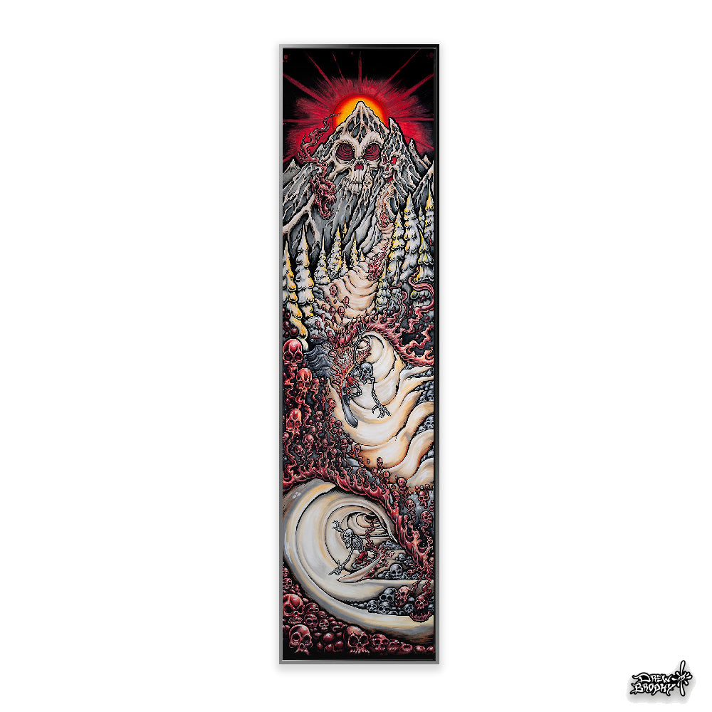 Decorative panel with intricate design featuring a skull and flames on a white background