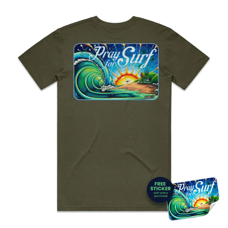 Pray For Surf Tee - Sunrise Surf Art By Drew Brophy