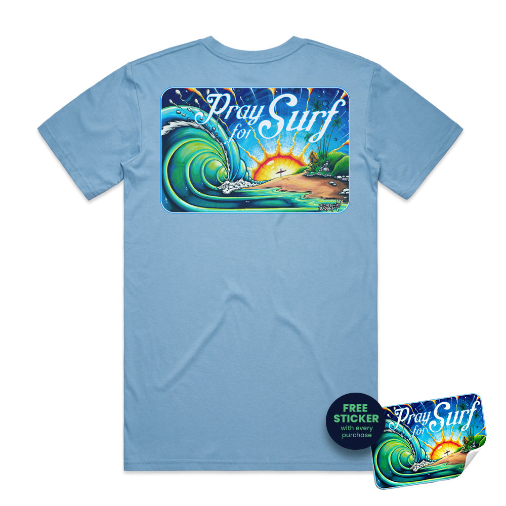 Prey for Surf by Drew Brophy - t-shirt with 'Pray for Surf' graphic on Carolina Blue colored Tee