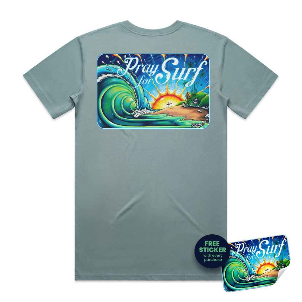 Prey for Surf by Drew Brophy - t-shirt with 'Pray for Surf' graphic on mineral colored Tee