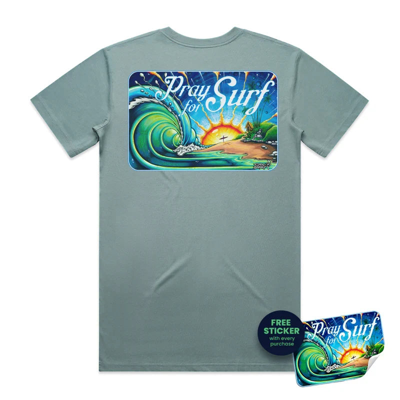 Pray For Surf Tee - Sunrise Surf Art By Drew Brophy