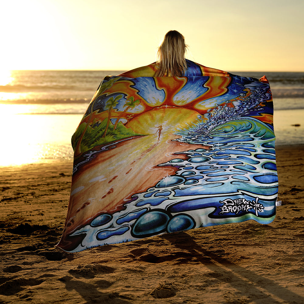 Step into the sun, Drew Brophy Art, Vibrant Beach Scene Sherpa Fleece Blanket, Cozy Throw, Boho Home Decor, Beach Vibes, Gift for Nature Lovers