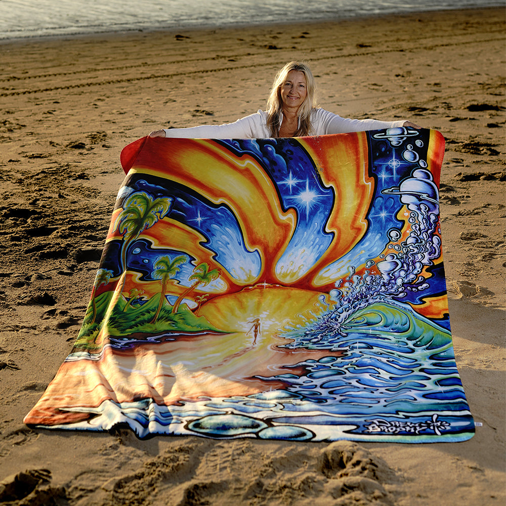 Step into the sun, Drew Brophy Art, Vibrant Beach Scene Sherpa Fleece Blanket, Cozy Throw, Boho Home Decor, Beach Vibes, Gift for Nature Lovers