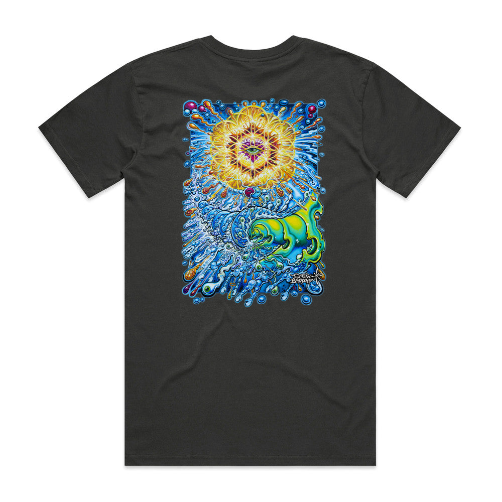 Lost Mountain T-shirt featuring a detailed skull mountain illustration with red sun, winding path, trees, and surreal landscape design.