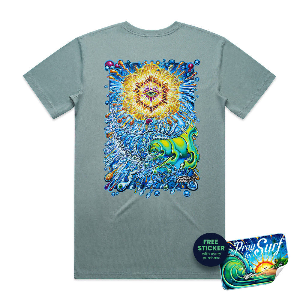 Lost Mountain T-shirt featuring a detailed skull mountain illustration with red sun, winding path, trees, and surreal landscape design.