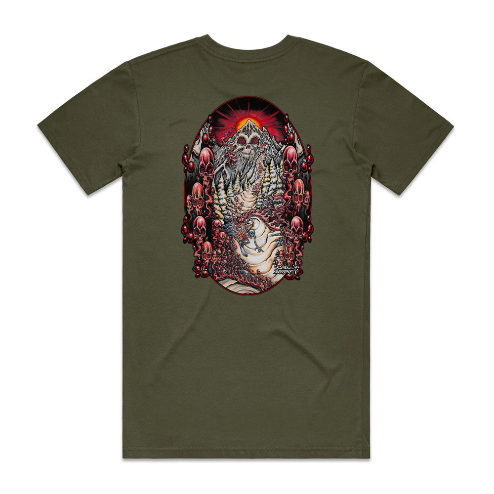Lost Mountain T-shirt featuring a detailed skull mountain illustration with red sun, winding path, trees, and surreal landscape design.