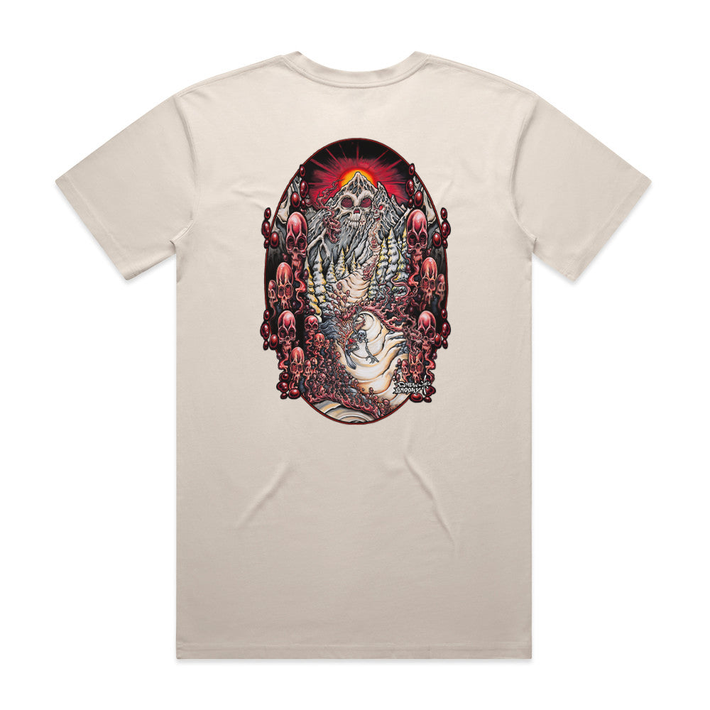 Lost Mountain T-shirt featuring a detailed skull mountain illustration with red sun, winding path, trees, and surreal landscape design.