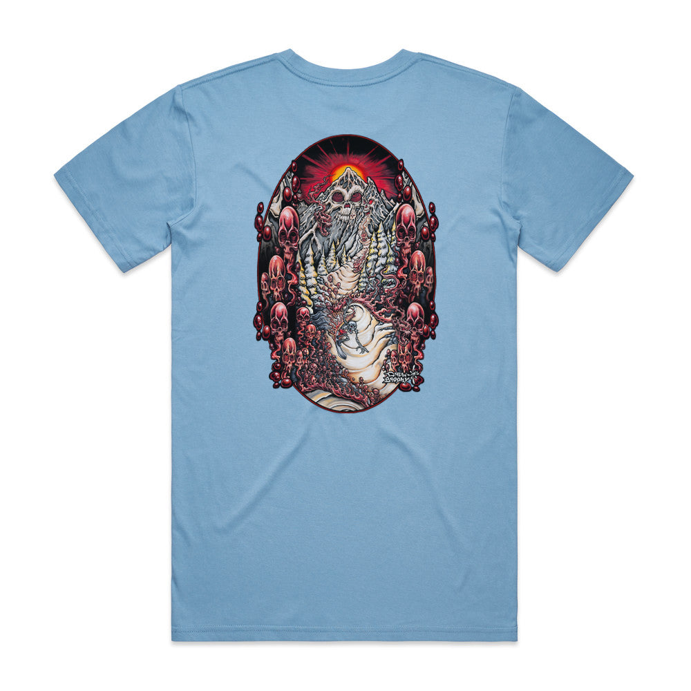 Lost Mountain T-shirt featuring a detailed skull mountain illustration with red sun, winding path, trees, and surreal landscape design.