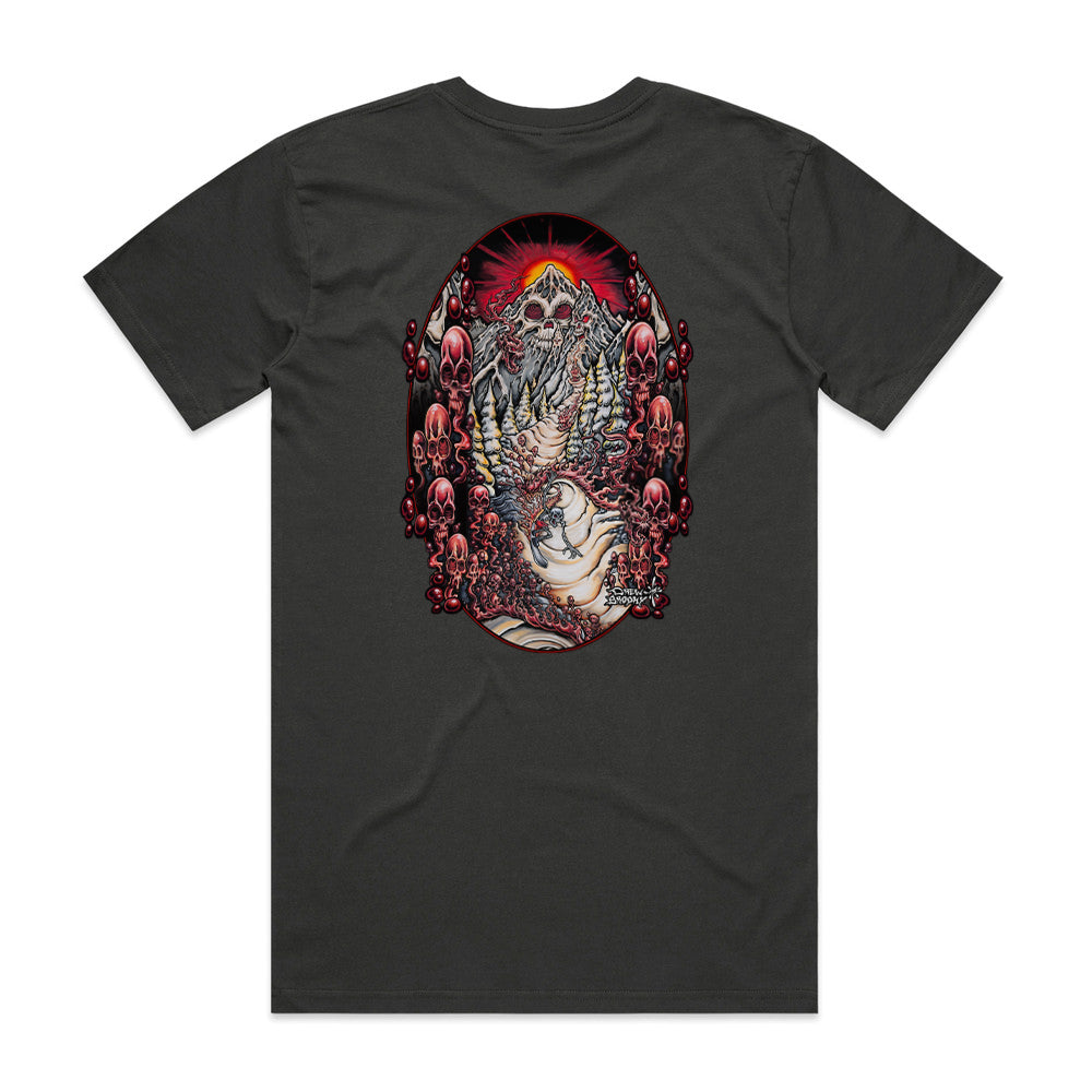 Lost Mountain T-shirt featuring a detailed skull mountain illustration with red sun, winding path, trees, and surreal landscape design.