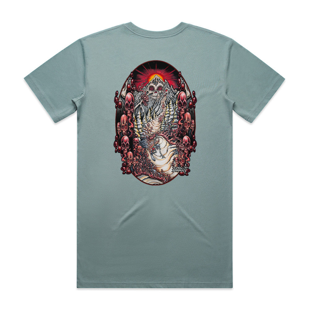 Lost Mountain T-shirt featuring a detailed skull mountain illustration with red sun, winding path, trees, and surreal landscape design.