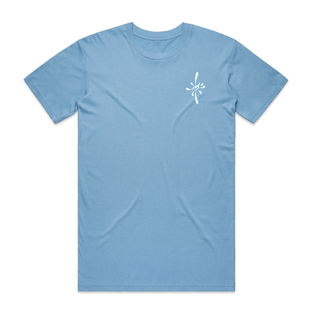 Light blue t-shirt with a white logo on a white background