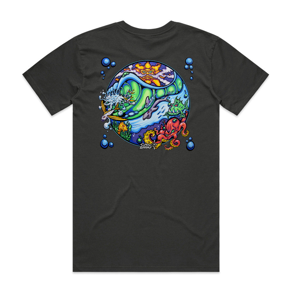 WhyLand Coal Black colored T-Shirt - lost surfboard vintage artwork by Drew Brophy