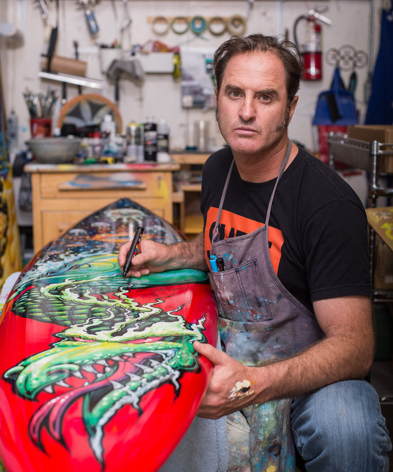 CHASING THE DRAGON Fine Art painting on Gerry Lopez Pipeline Gun Shaped Surfboard painted by Drew Brophy