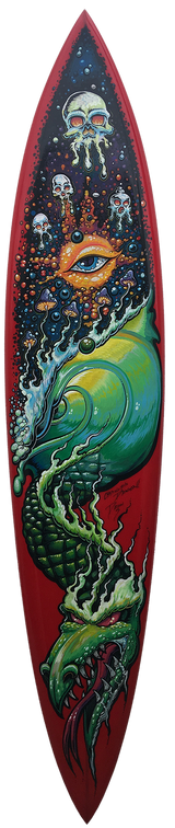 CHASING THE DRAGON Fine Art painting on Gerry Lopez Pipeline Gun Shaped Surfboard painted by Drew Brophy