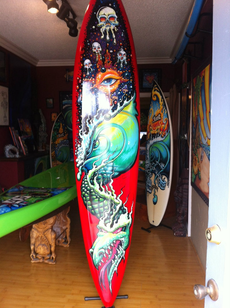 CHASING THE DRAGON Fine Art painting on Gerry Lopez Pipeline Gun Shaped Surfboard painted by Drew Brophy