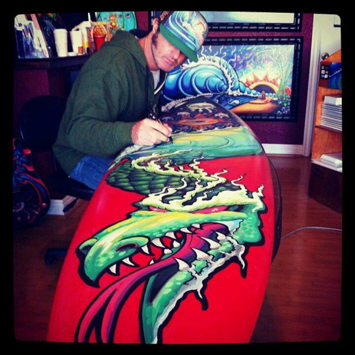 CHASING THE DRAGON Fine Art painting on Gerry Lopez Pipeline Gun Shaped Surfboard painted by Drew Brophy