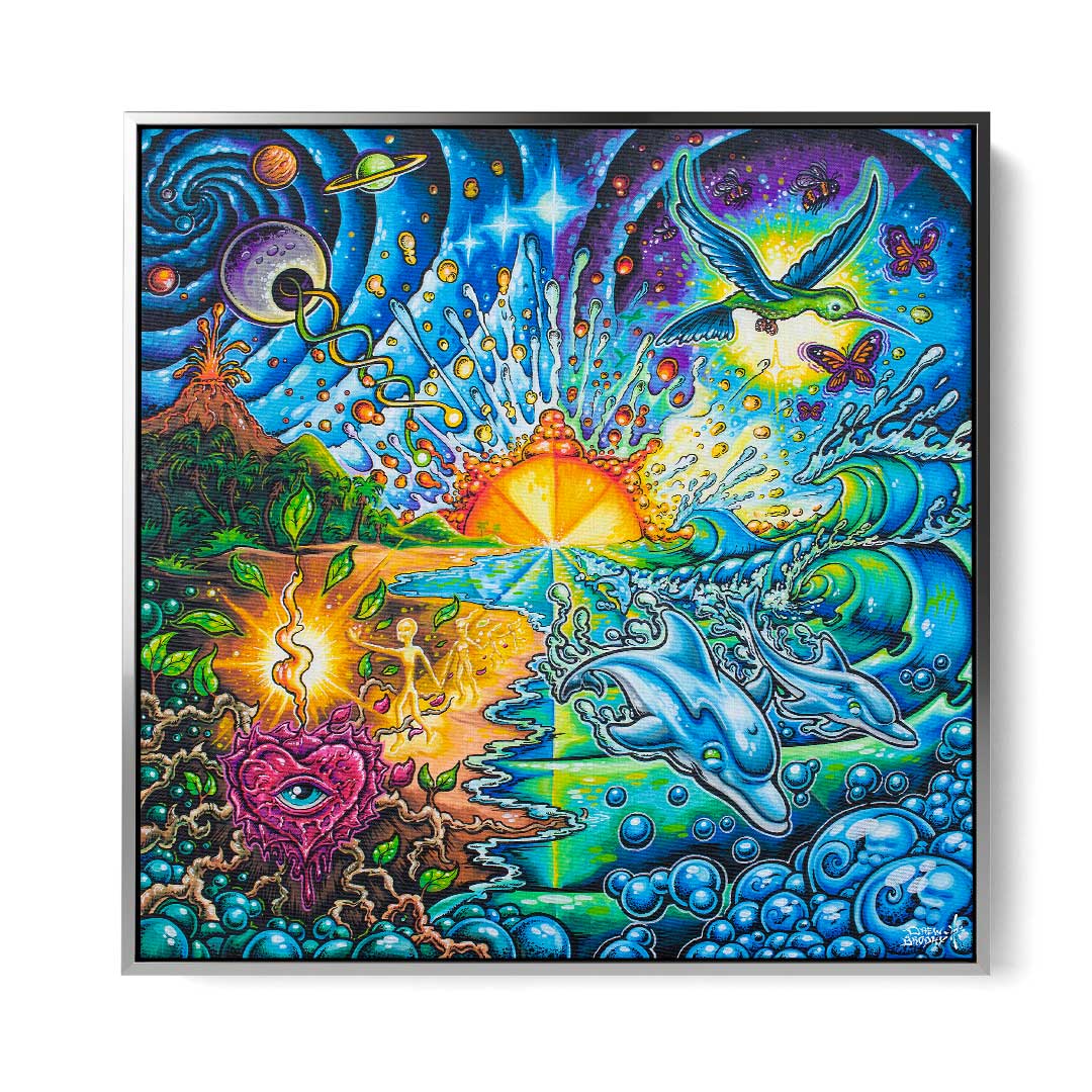 Drew Brophy's "Creation" painting. Silver framed gallery wrapped stretched canvas replica print. Spiritual home decor.