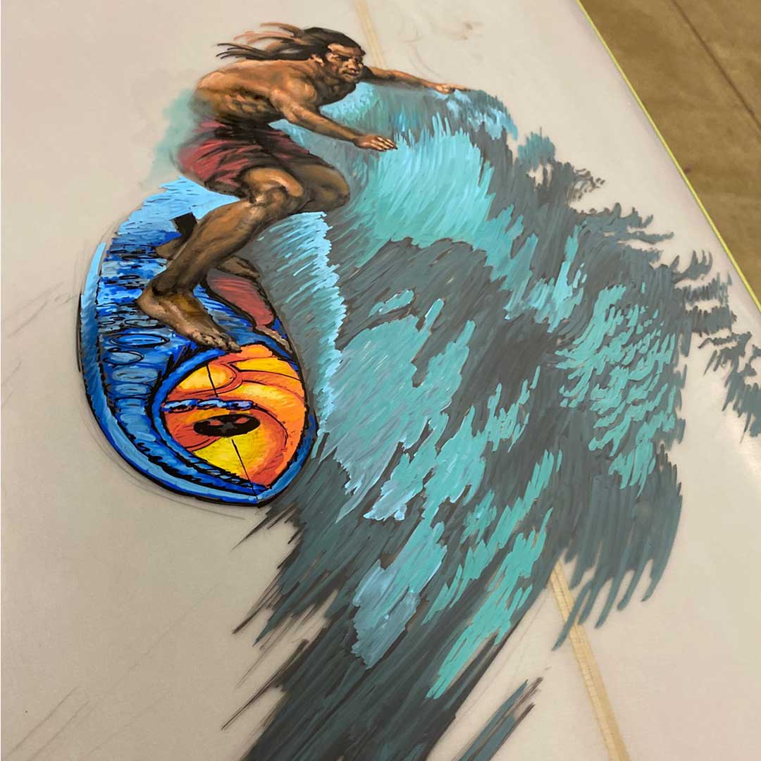 HAVE NO FEAR Drew Brophy Original Painting Collab with Phil Roberts - Gerry Lopez Pipeline Gun Shaped Surfboard