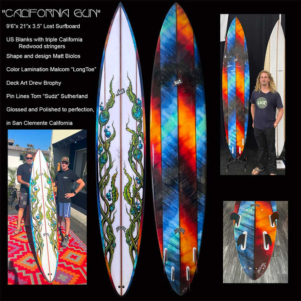 SOLD!  CALIFORNIA GUN Drew Brophy Collab with Matt Biolos, Lost Surfboards, Longtoe Color Lam