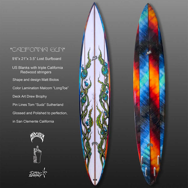 SOLD!  CALIFORNIA GUN Drew Brophy Collab with Matt Biolos, Lost Surfboards, Longtoe Color Lam