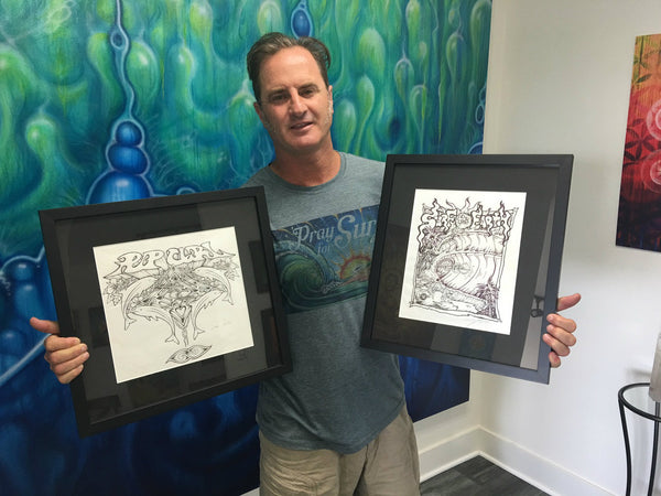 1995 Surf the Earth Tee Shirt Design ink sketch on Paper 16" x 17" Framed in black frame and plexiglass