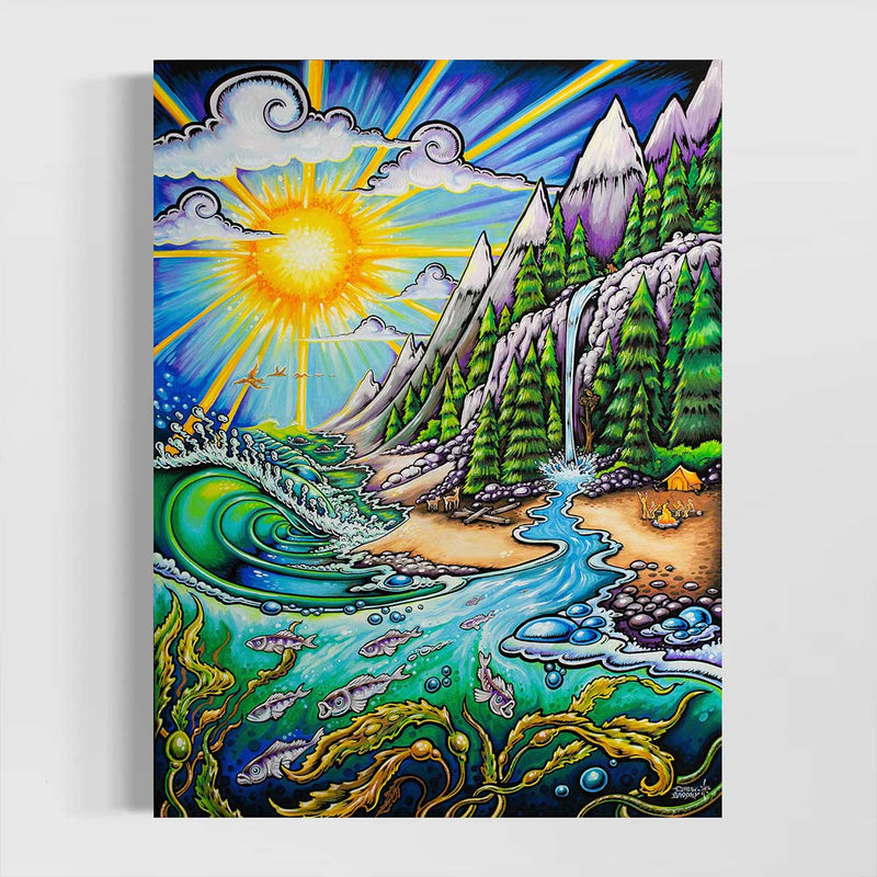  Life Force by Drew Brophy. Stretched Canvas replica print.  Wall art. that features surf, mountain, rivers, camping and sunshine.