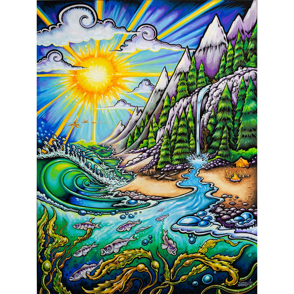 Drew Brophy Life Force Painting. The artwork features surf, mountains & camping…all the things that bring joy. Such a colorful and fun design. 