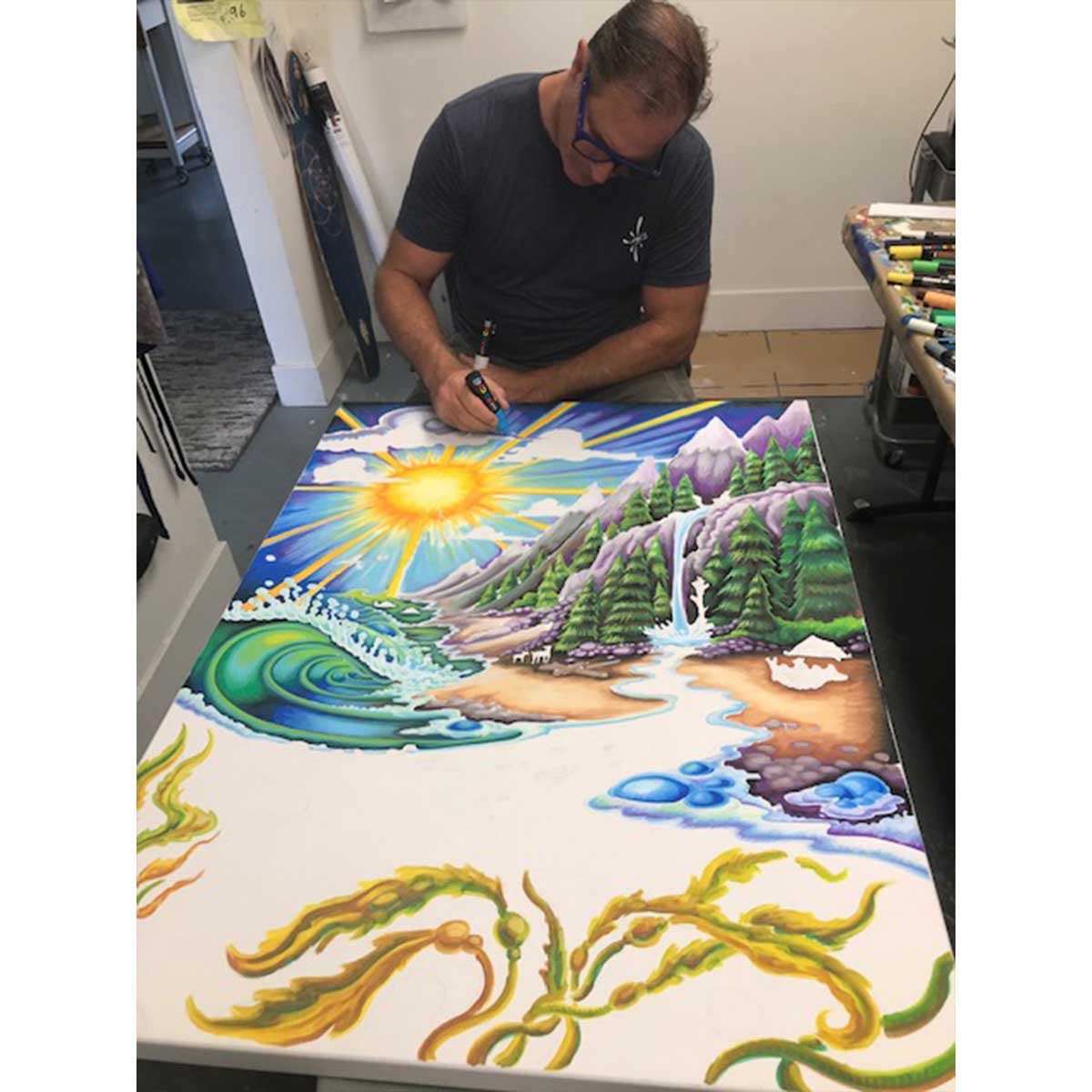 The beggining stages of Drew Brophy painting the Life Force painting.