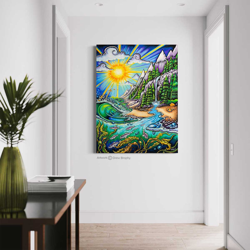 Drew Brophy Life Force Painting. Stretched Canvas replica print. The artwork features surf, mountains & camping…all the things that bring joy. Such a colorful and fun design.