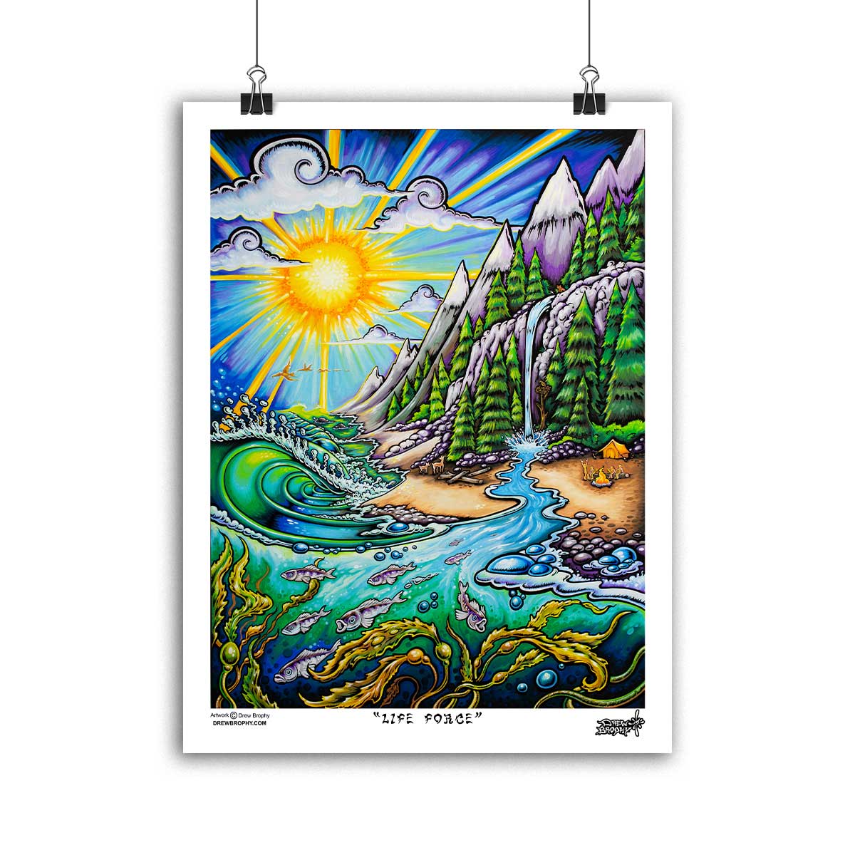 Life Force by Drew Brophy. Cold Press fine art paper print. Wall art. that features surf, mountain, rivers, camping and sunshine.