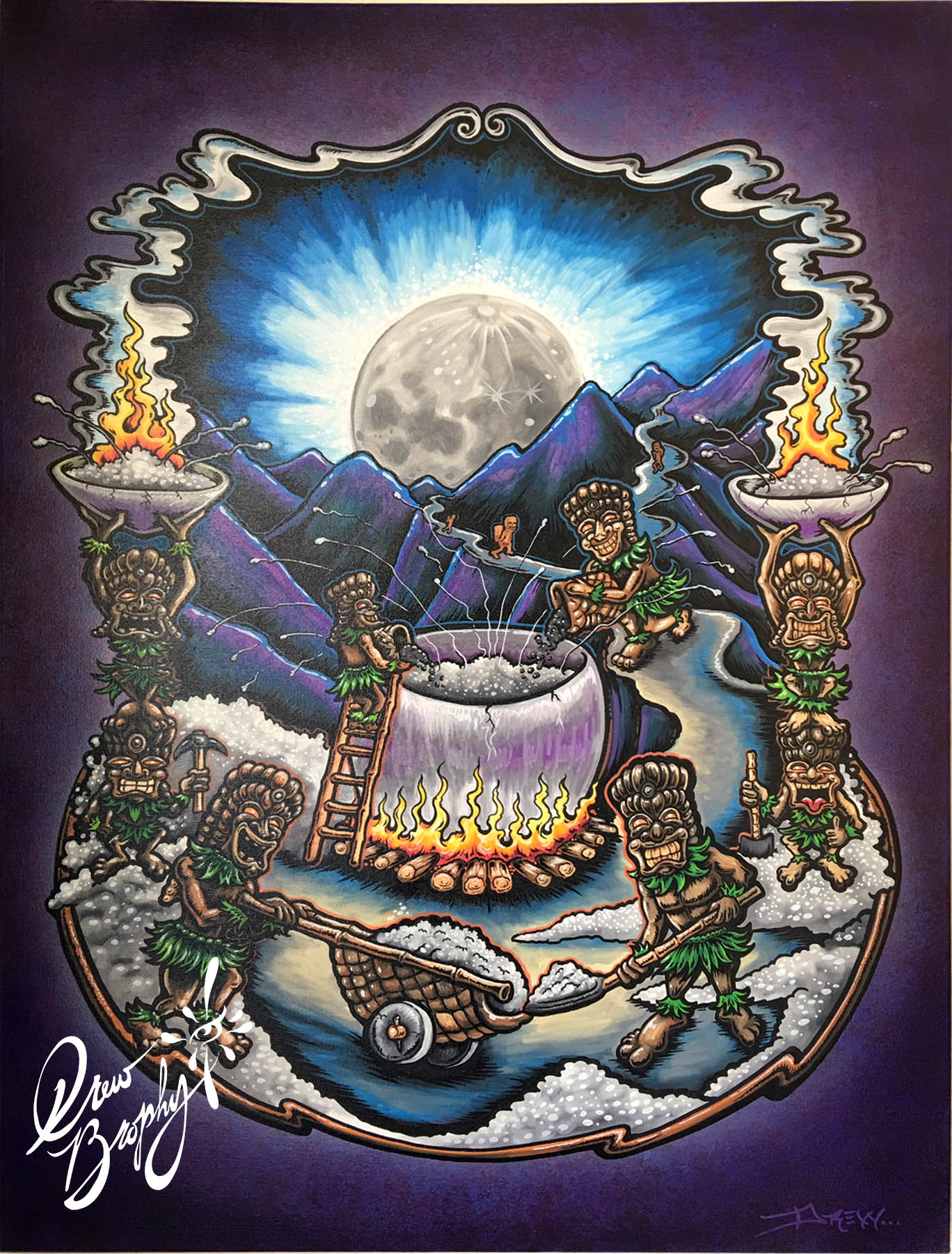 MOONLIGHT TIKIS 40" x 30" Original painting on Canvas by Drew Brophy - EARTH SERIES