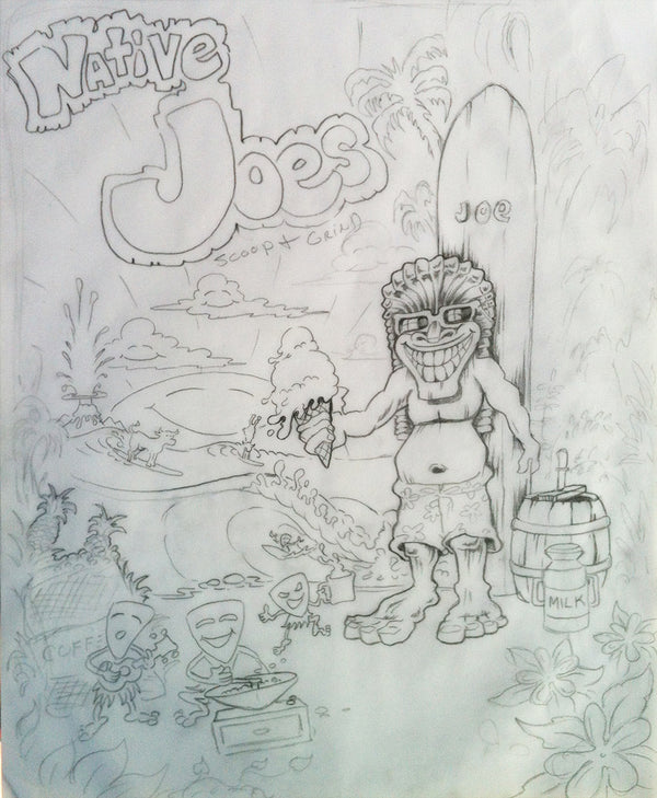 NATIVE Joe's Graphite Sketch 20" x 17" Framed in black frame, matted and plexiglass