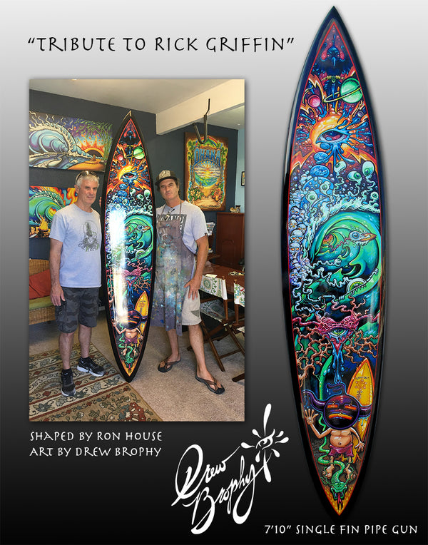 SOLD!  TRIBUTE TO RICK GRIFFIN 7'10" fine art painting on Custom Shaped Surfboard by Drew Brophy