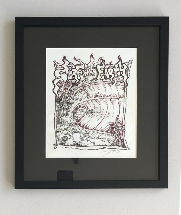 1995 Surf the Earth Tee Shirt Design ink sketch on Paper 16" x 17" Framed in black frame and plexiglass