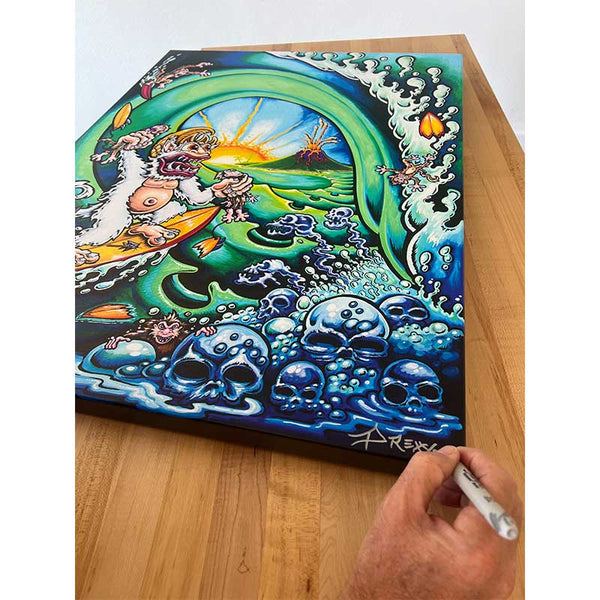 Limited Edition signed White Monkey canvas print by Drew Brophy. White Monkey surfing the tube while other monkeys try attacking. Sunset and volcano at the end of the tube.  
