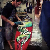 CHASING THE DRAGON Fine Art painting on Gerry Lopez Pipeline Gun Shaped Surfboard painted by Drew Brophy